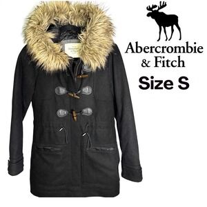 Abercrombie & Fitch Wool Duffle Coat Womens S Black Faux Fur Hood Toggle Jacket